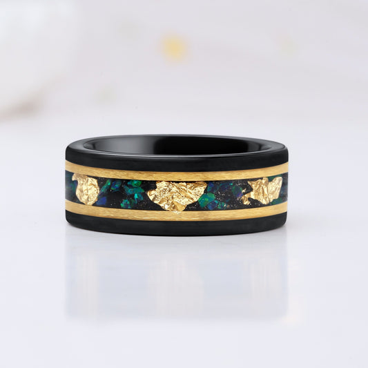 Crushed Green Agate Gold Leaves Tungsten Ring for Men