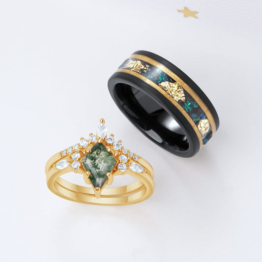 Kite Green Moss Agate Gold Leaf Couples Ring