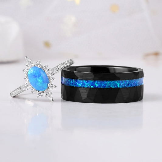 Blue Fire Opal & Meteorite Couple Ring Set Tungsten & Sterling Silver