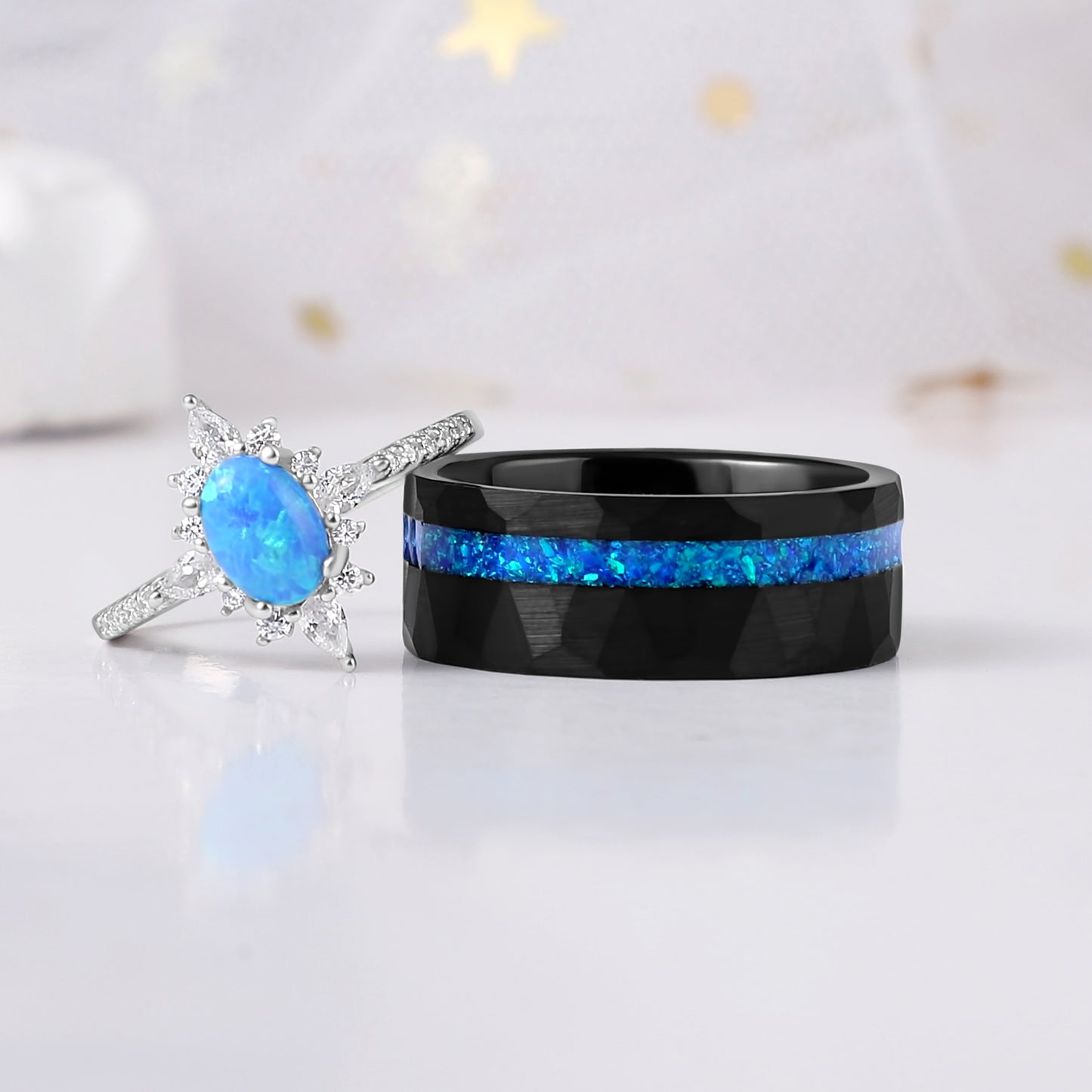 Blue Fire Opal Meteorite Tungsten Ring for Men