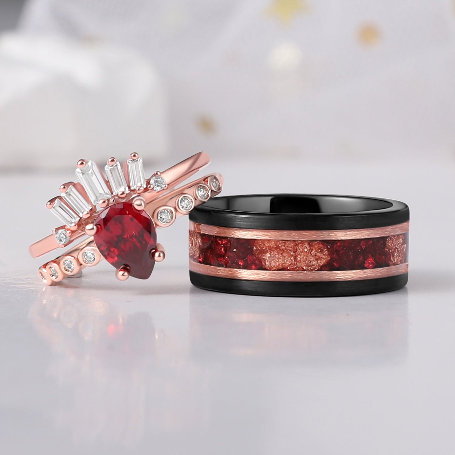 Red Garnet Rose Gold Leaf Couple Ring Set Black Tungsten & Vermeil