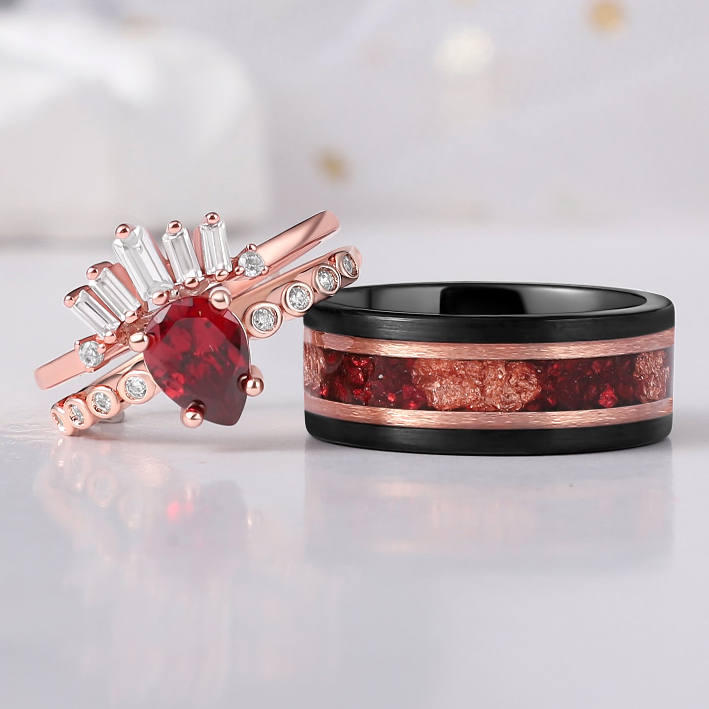 Crushed Garnet & Rose Gold Leaf Tungsten Ring for Men