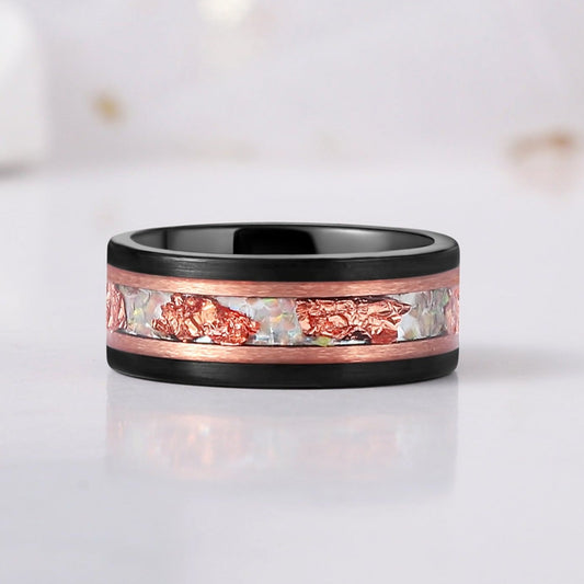 Galaxy Fire Opal Rose Gold Leaf Tungsten Ring for Men