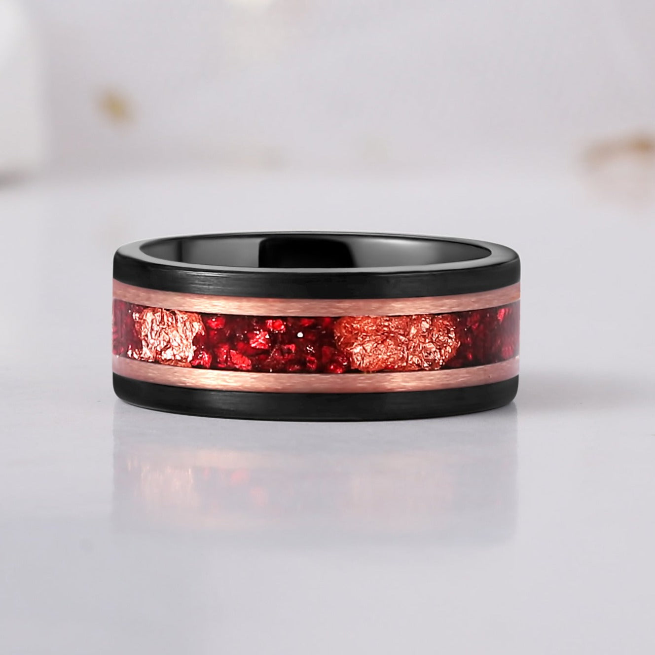 Crushed Garnet & Rose Gold Leaf Tungsten Ring for Men