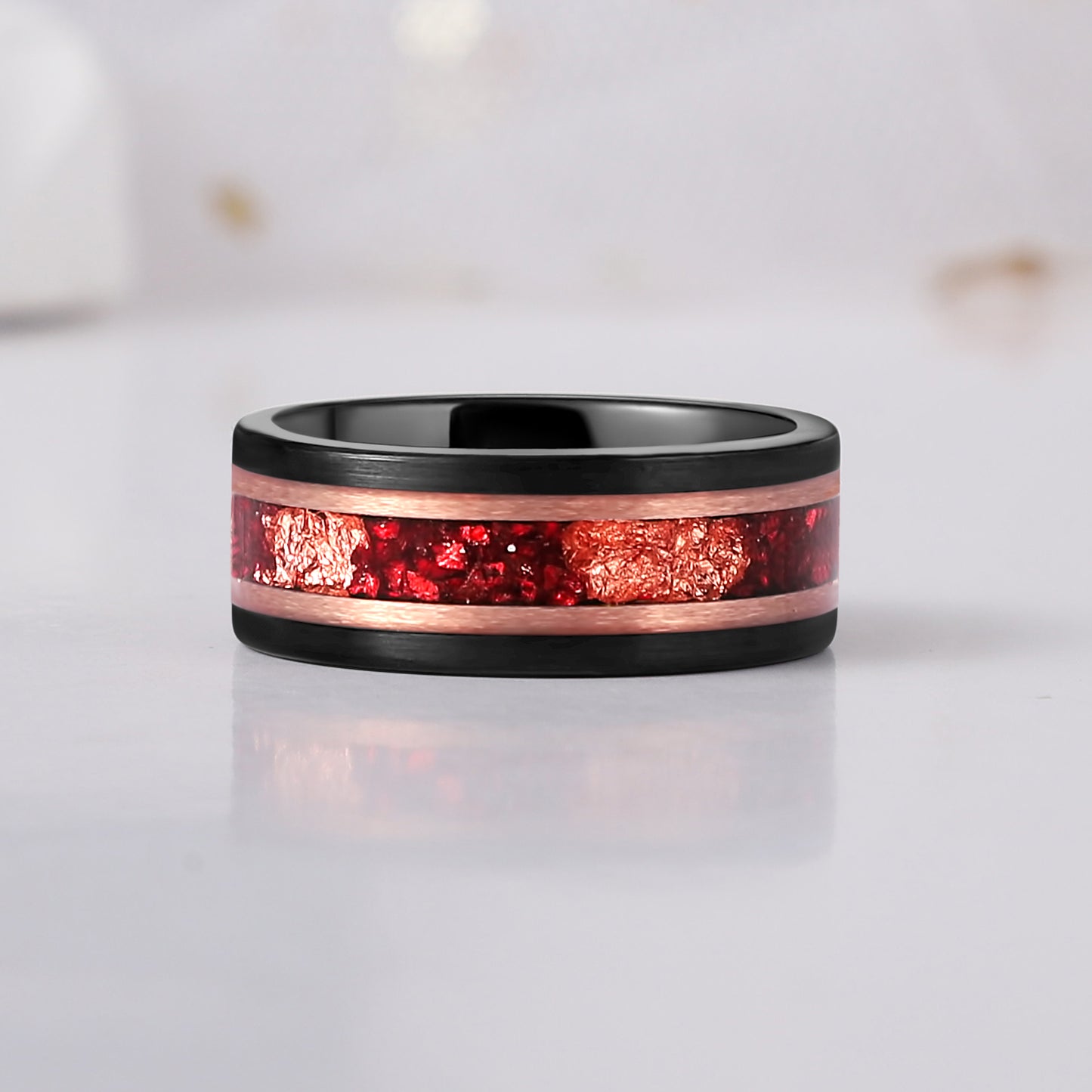 Red Garnet Rose Gold Leaf Couple Ring Set Black Tungsten & Vermeil