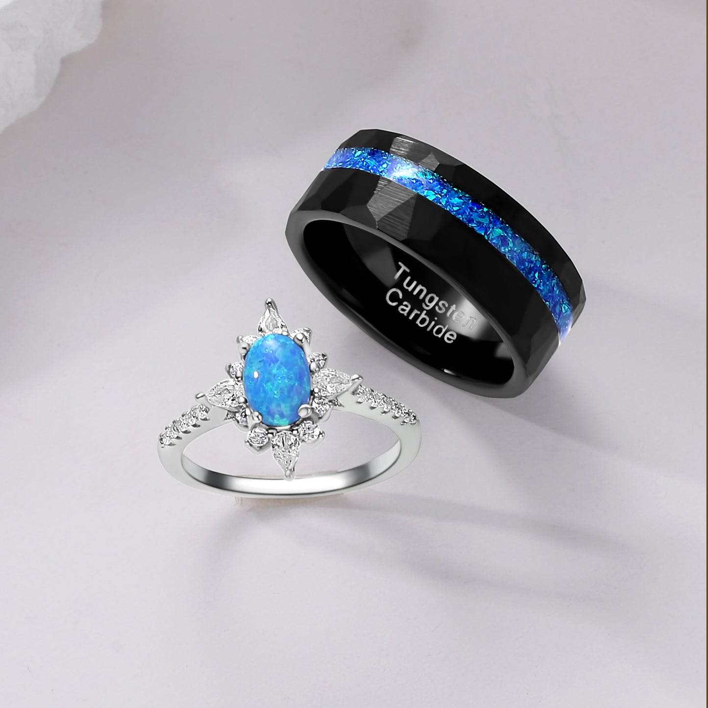 Blue Fire Opal & Meteorite Couple Ring Set Tungsten & Sterling Silver