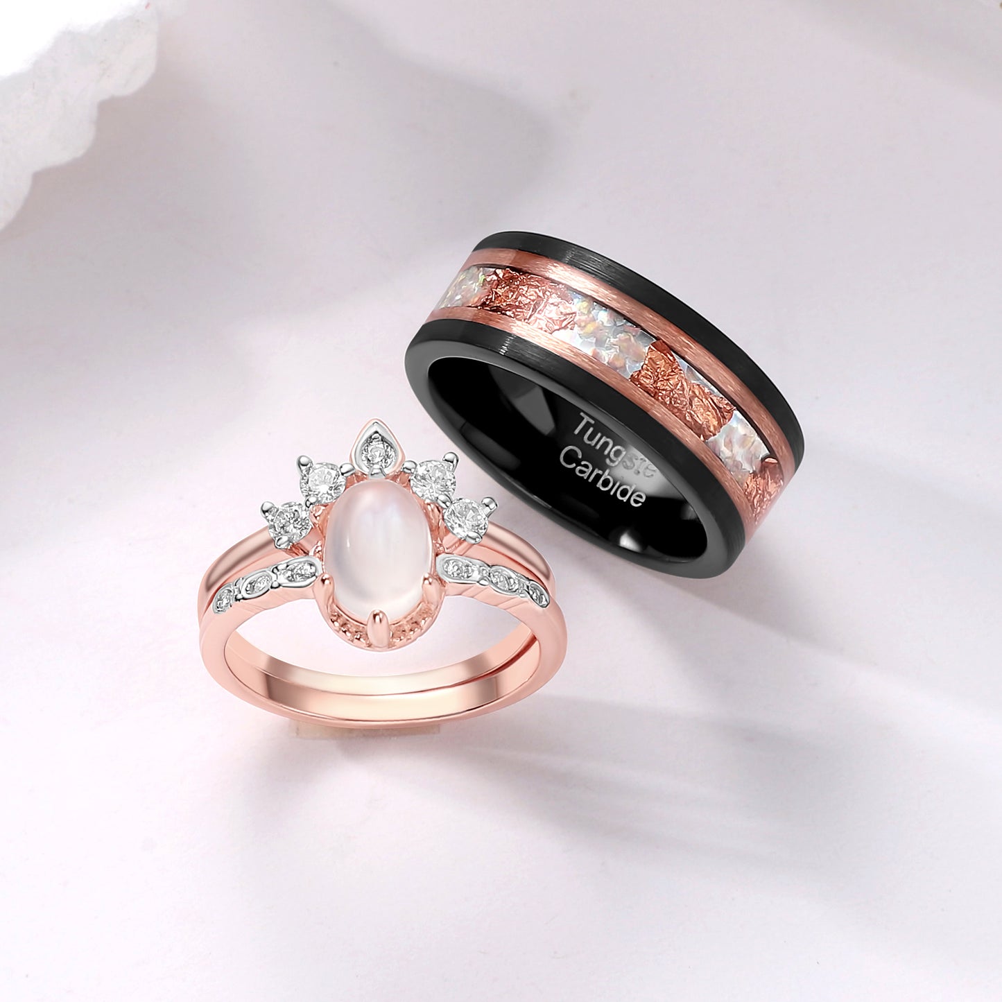 Natural Moonstone & Galaxy Fire Opal Rose Gold Leaf His Her Couple Ring Set Silver/Tungsten