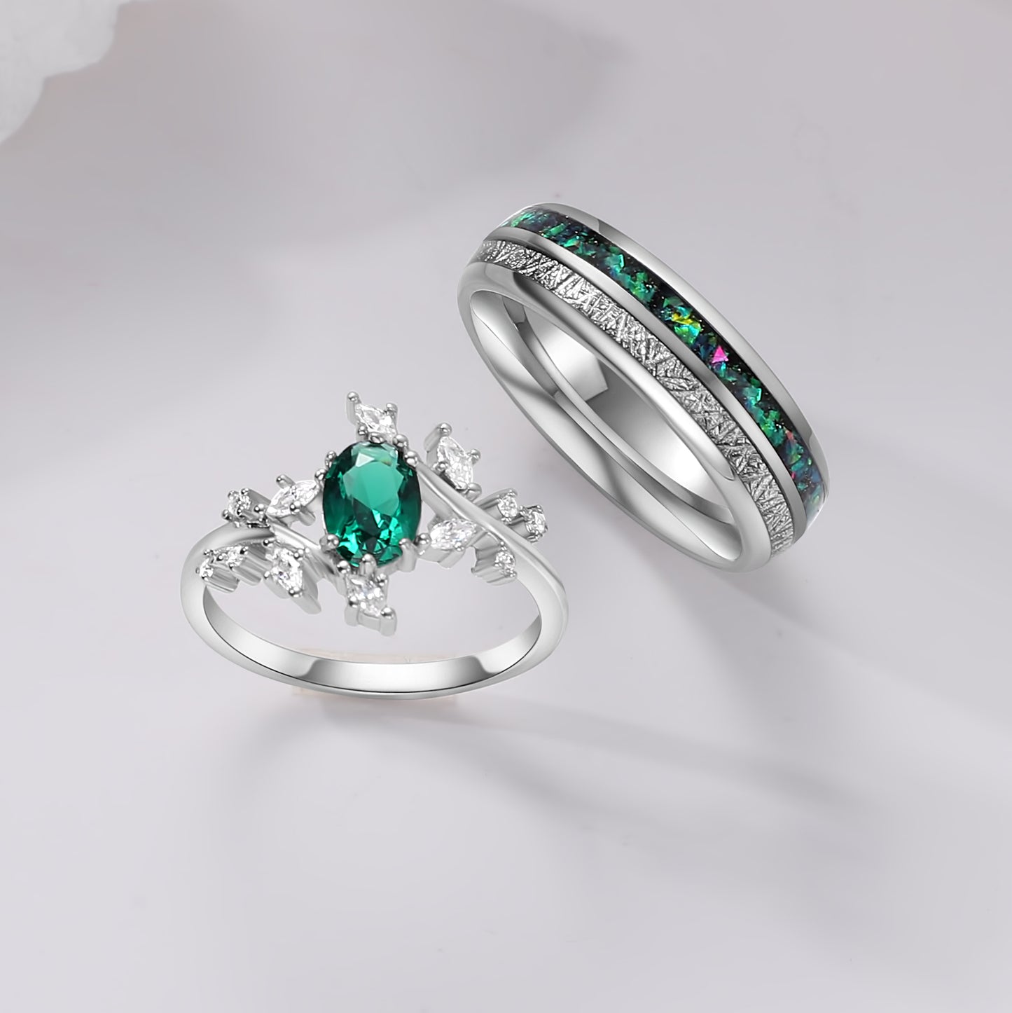 Natural Paraiba and Crushed Green Opal Couple Ring Set Tungsten & 925 Silver