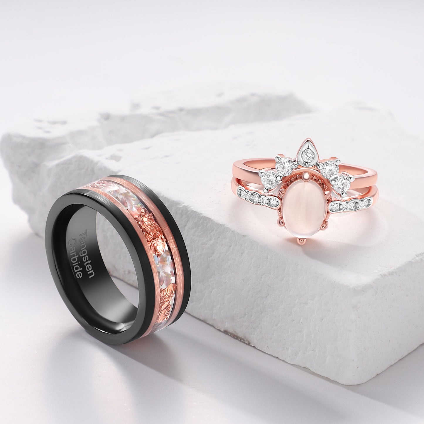 Natural Moonstone & Galaxy Fire Opal Rose Gold Leaf His Her Couple Ring Set Silver/Tungsten