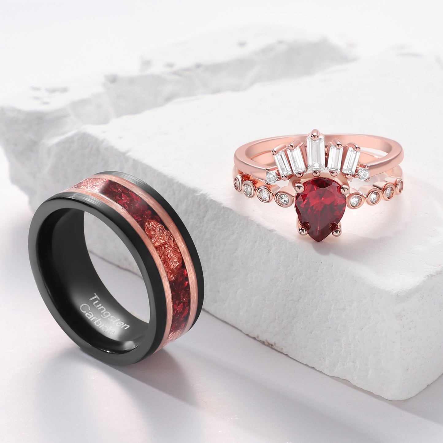 Red Garnet Rose Gold Leaf Couple Ring Set Black Tungsten & Vermeil