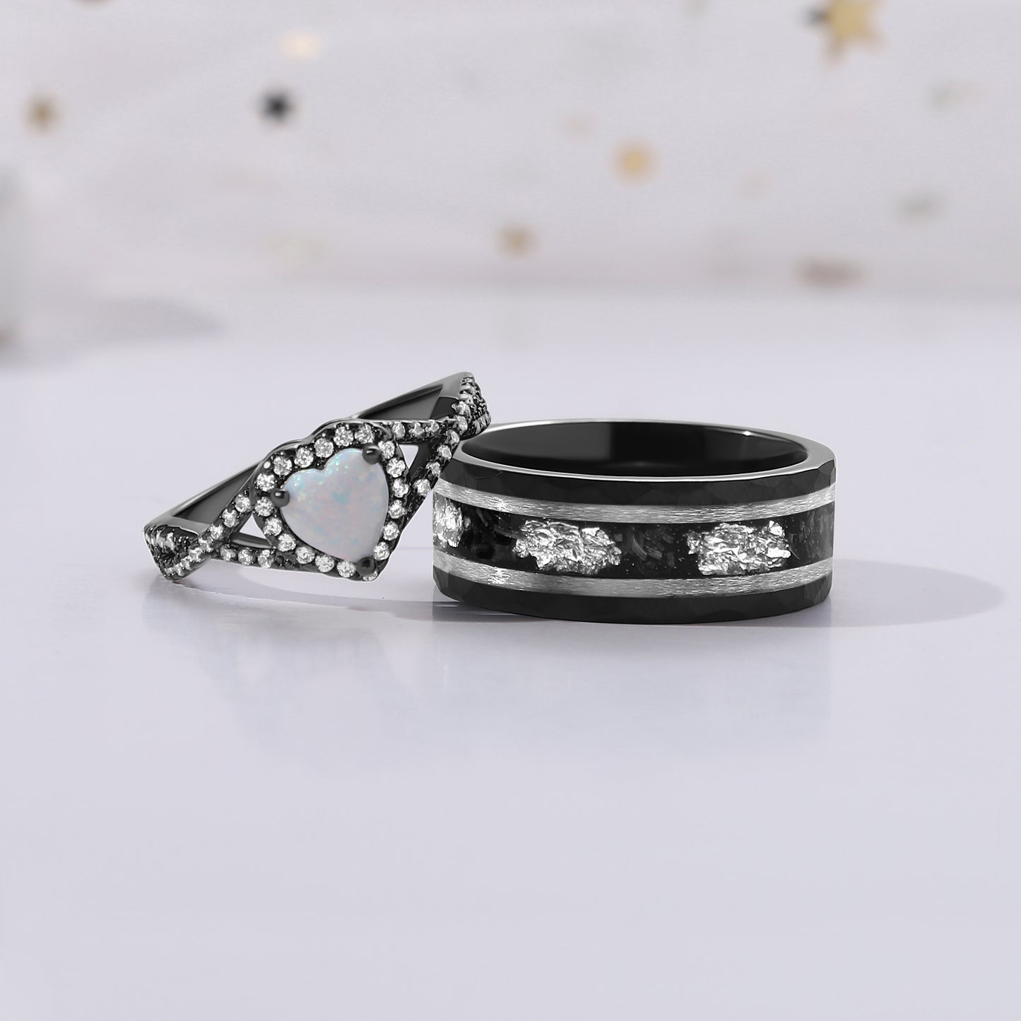 Black Meteorite Sandstone & White Opal Couple Ring Set Silver/Tungsten