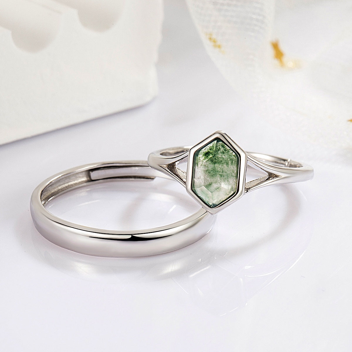 Hexagon Cut Green Moss Agate Promise Ring