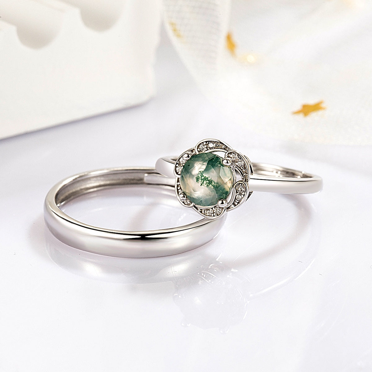 Nature Inspired Green Moss Agate S925 Silver Promise Ring