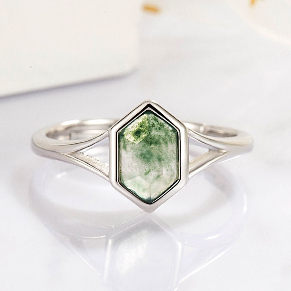 Hexagon Cut Green Moss Agate Promise Ring