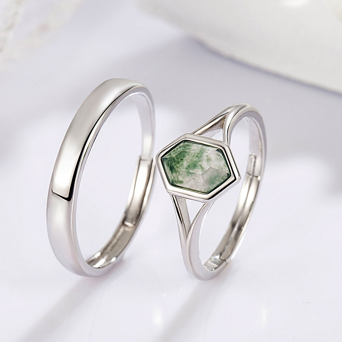 Hexagon Cut Green Moss Agate Promise Ring