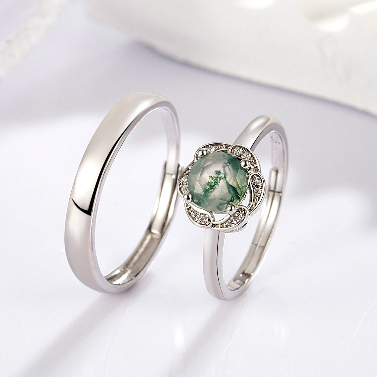 Nature Inspired Green Moss Agate S925 Silver Promise Ring