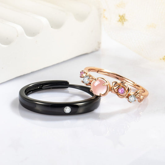 Natural Pink Quartz Rose-Gold Finish & Black Rhodium Plating Couple Rings