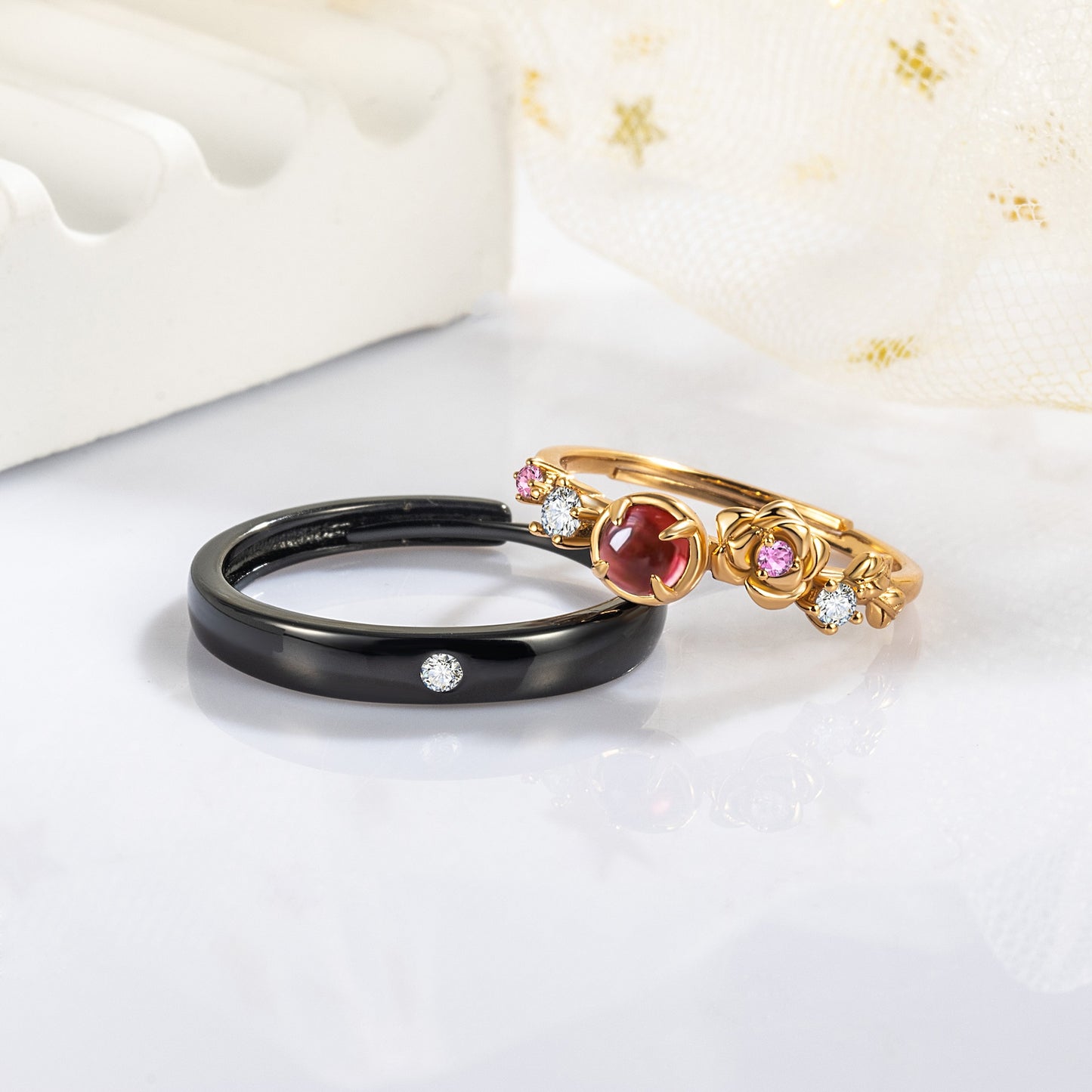 Garnet CZ 10k Gold Finish & Black Rhodium Plating His Her Ring