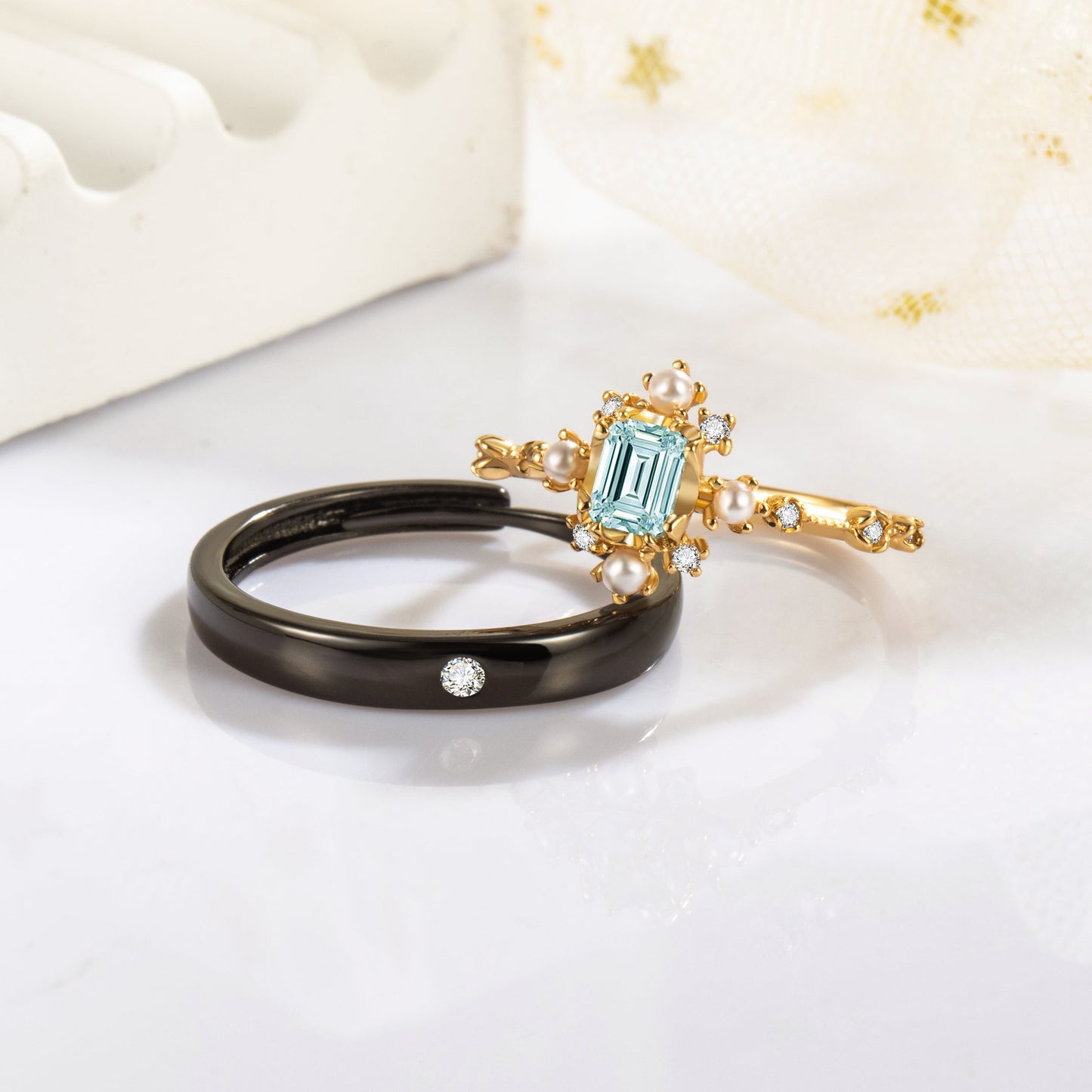 Natural Sky Blue Topaz with Shells 10k Gold Finish Ring