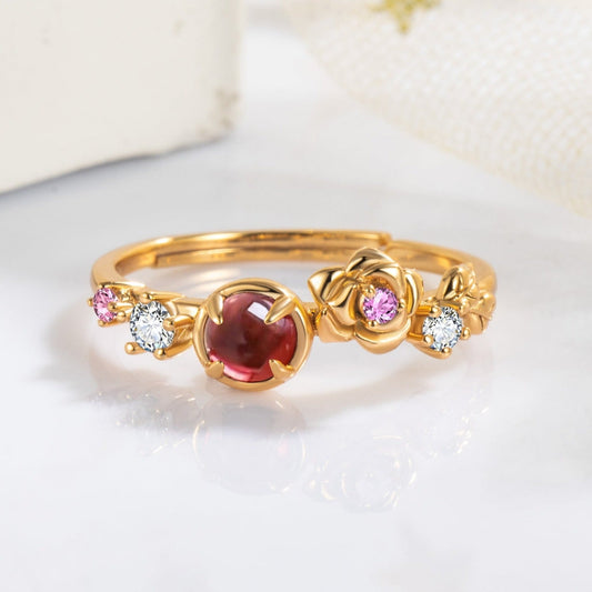 Red Garnet with CZ 10k Gold Finish Women Ring