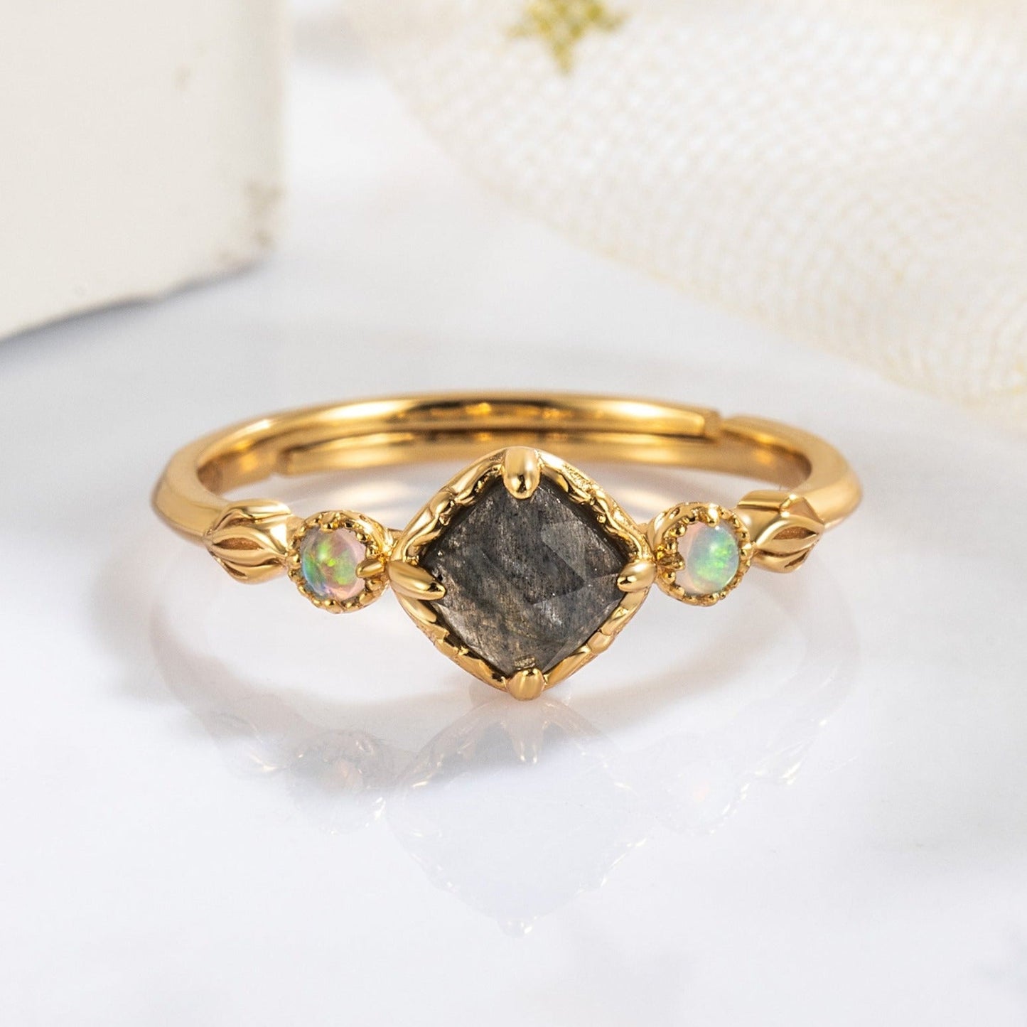 Labradorite & Fire Opal 10k Gold Finish with Black Rhodium Plating Couple Rings