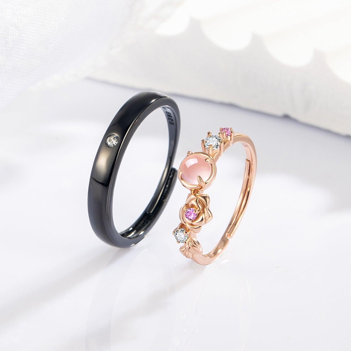 Natural Pink Quartz Rose-Gold Finish & Black Rhodium Plating Couple Rings