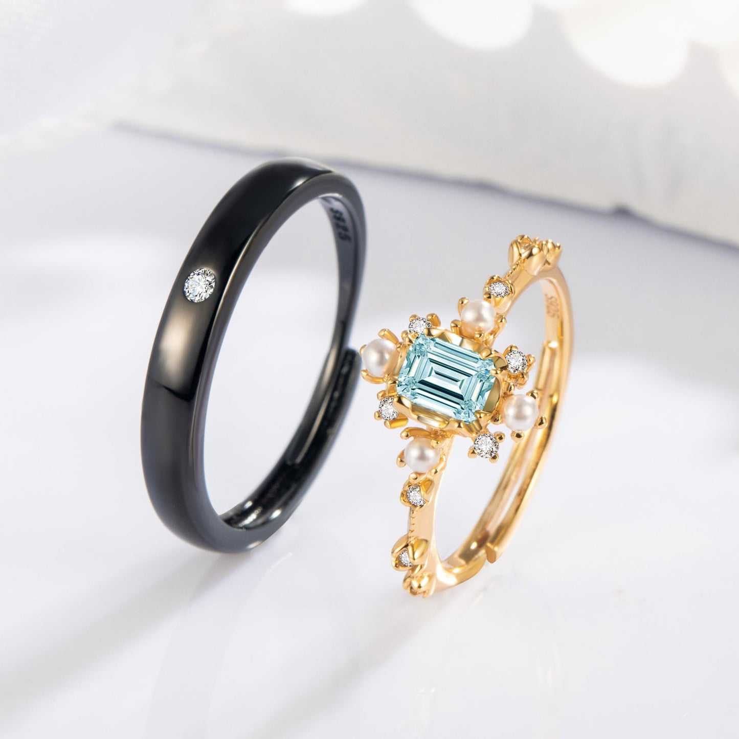 Natural Sky Blue Topaz with Shells 10k Gold Finish Ring