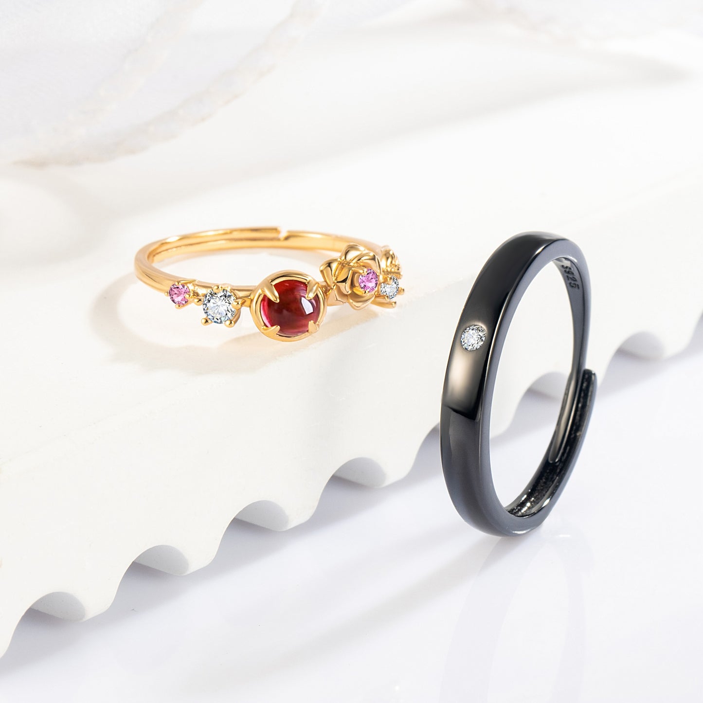 Garnet CZ 10k Gold Finish & Black Rhodium Plating His Her Ring