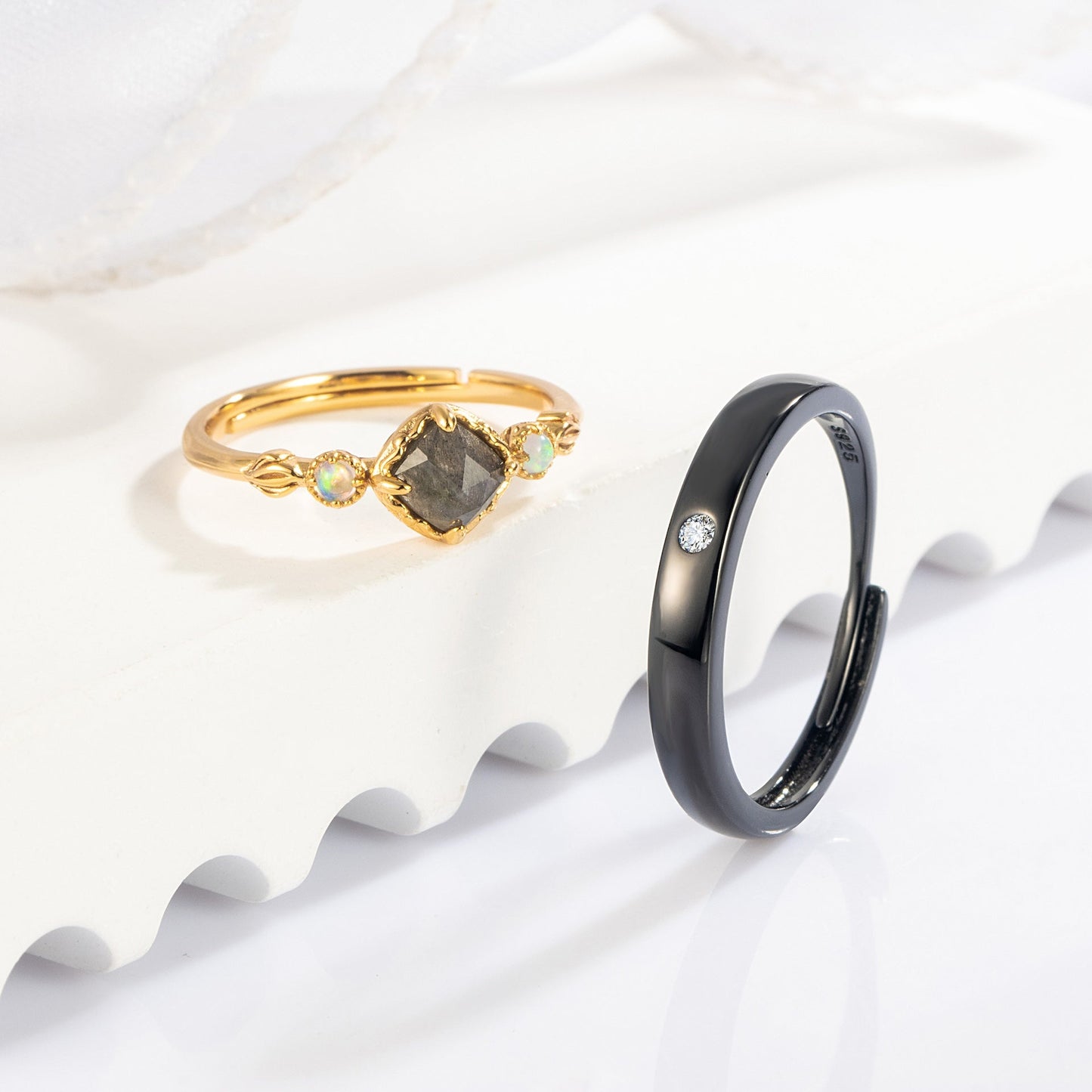 Labradorite & Fire Opal 10k Gold Finish with Black Rhodium Plating Couple Rings