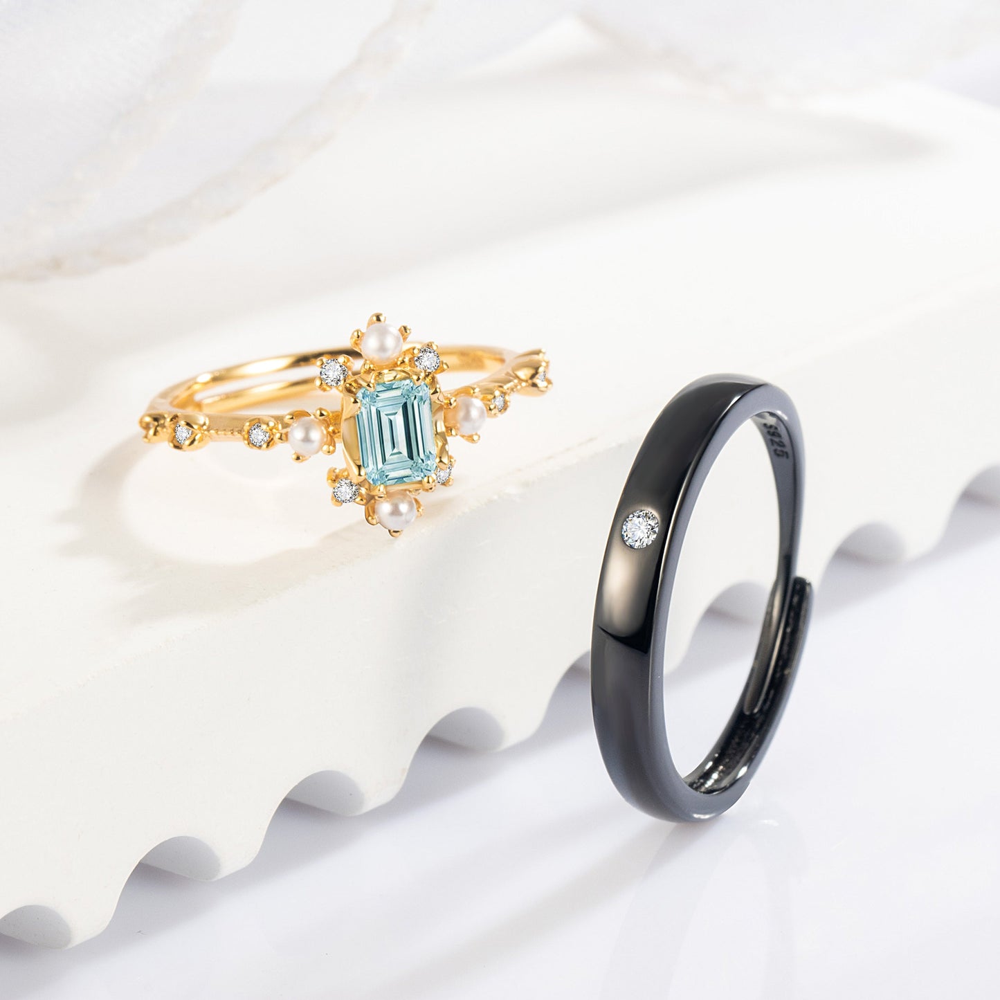 Natural Sky Blue Topaz with Shells 10k Gold Finish Ring