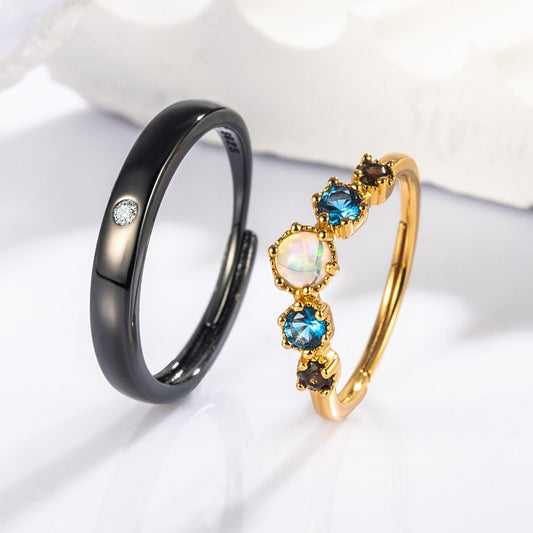 Opal with Smoky Quartz 10k Gold Finish with Black Rhodium Plating Couple Rings