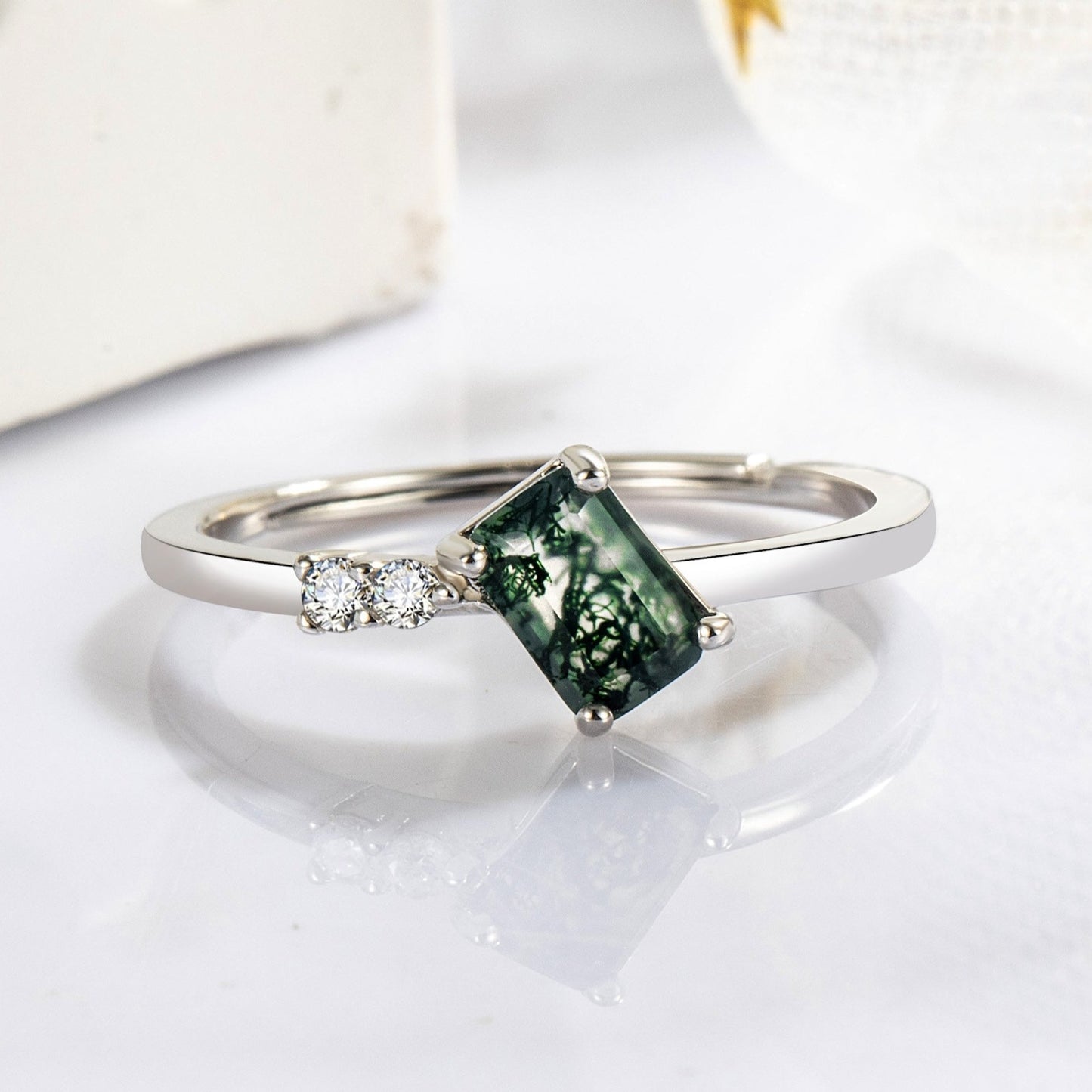 Baguette Moss Agate S925 Silver Ring for Her