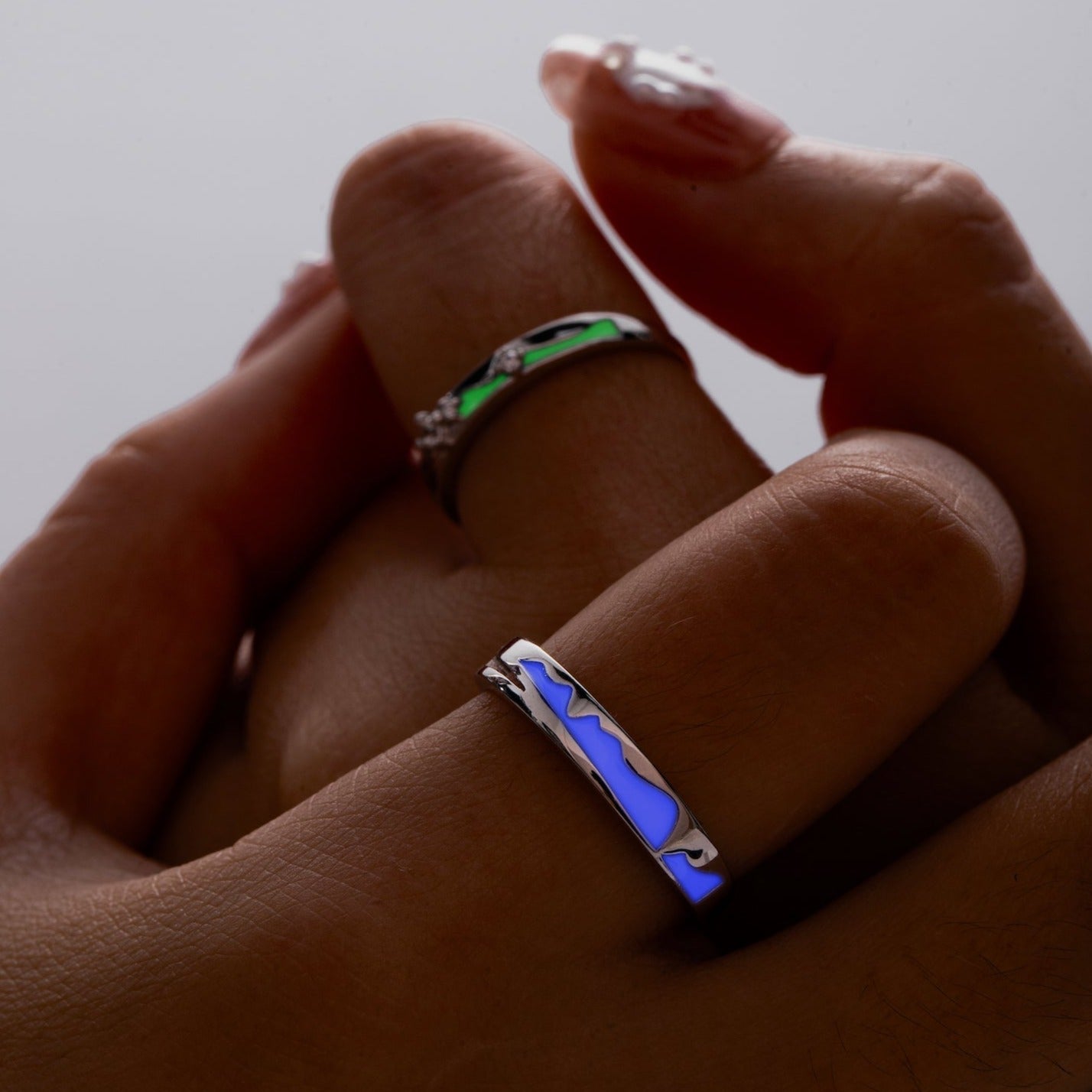 Glow in the Dark Promise Rings for Couples, Silver Matching Rings