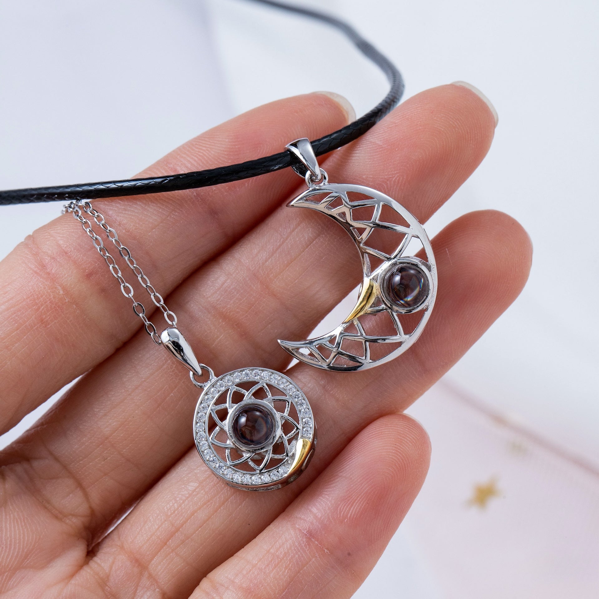 Engravable Sun And Moon Couples Necklaces In Sterling Silver