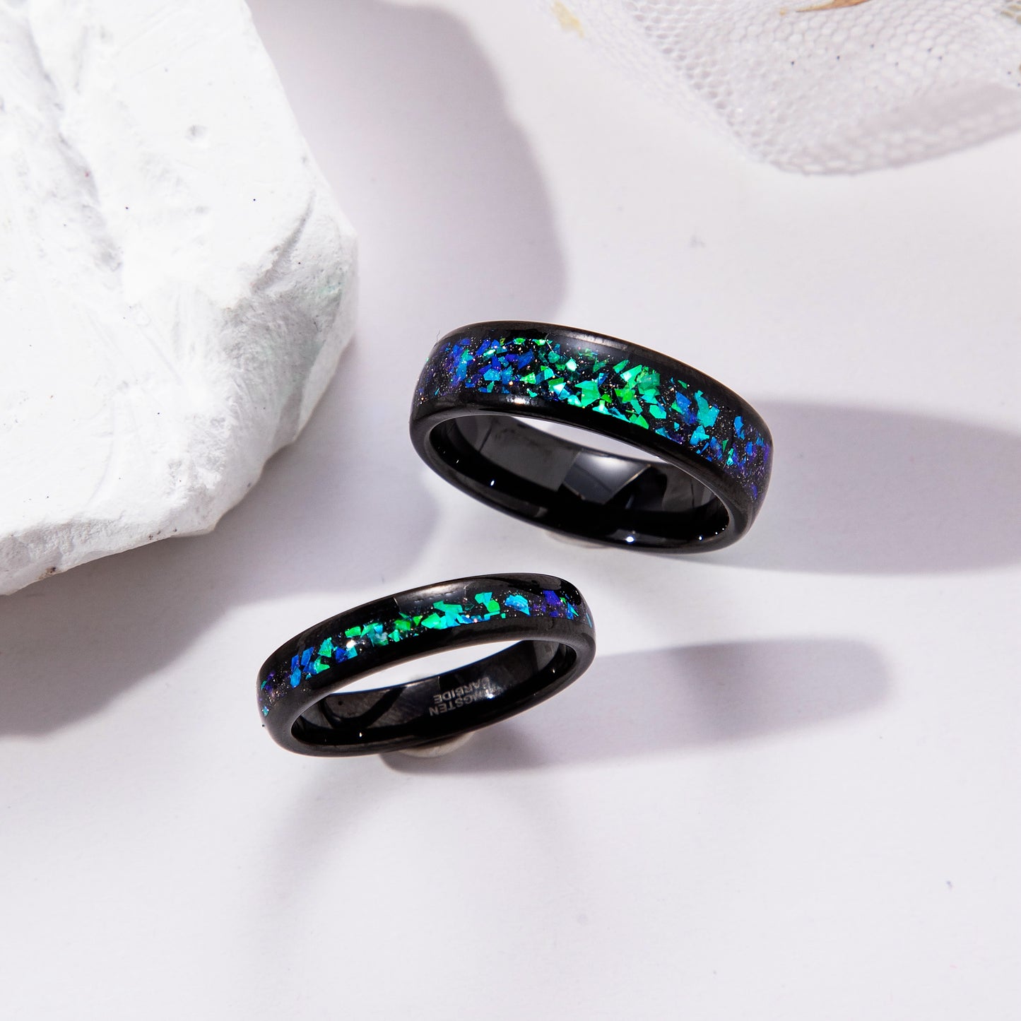 Black Sandstone & Crushed Opal Meteorite Outer Space Rings for Couples