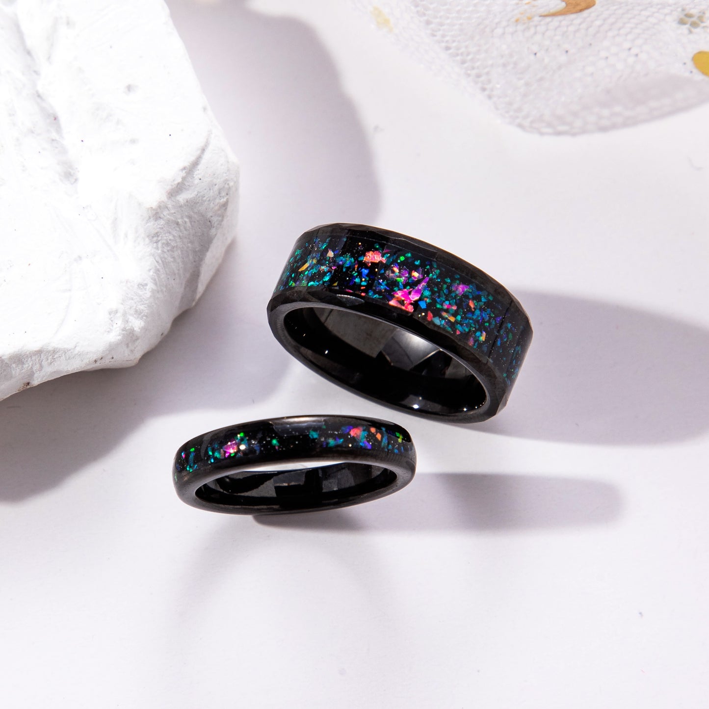 Galaxy Orion Nebula Sand Stone & Opal Couple Ring Set