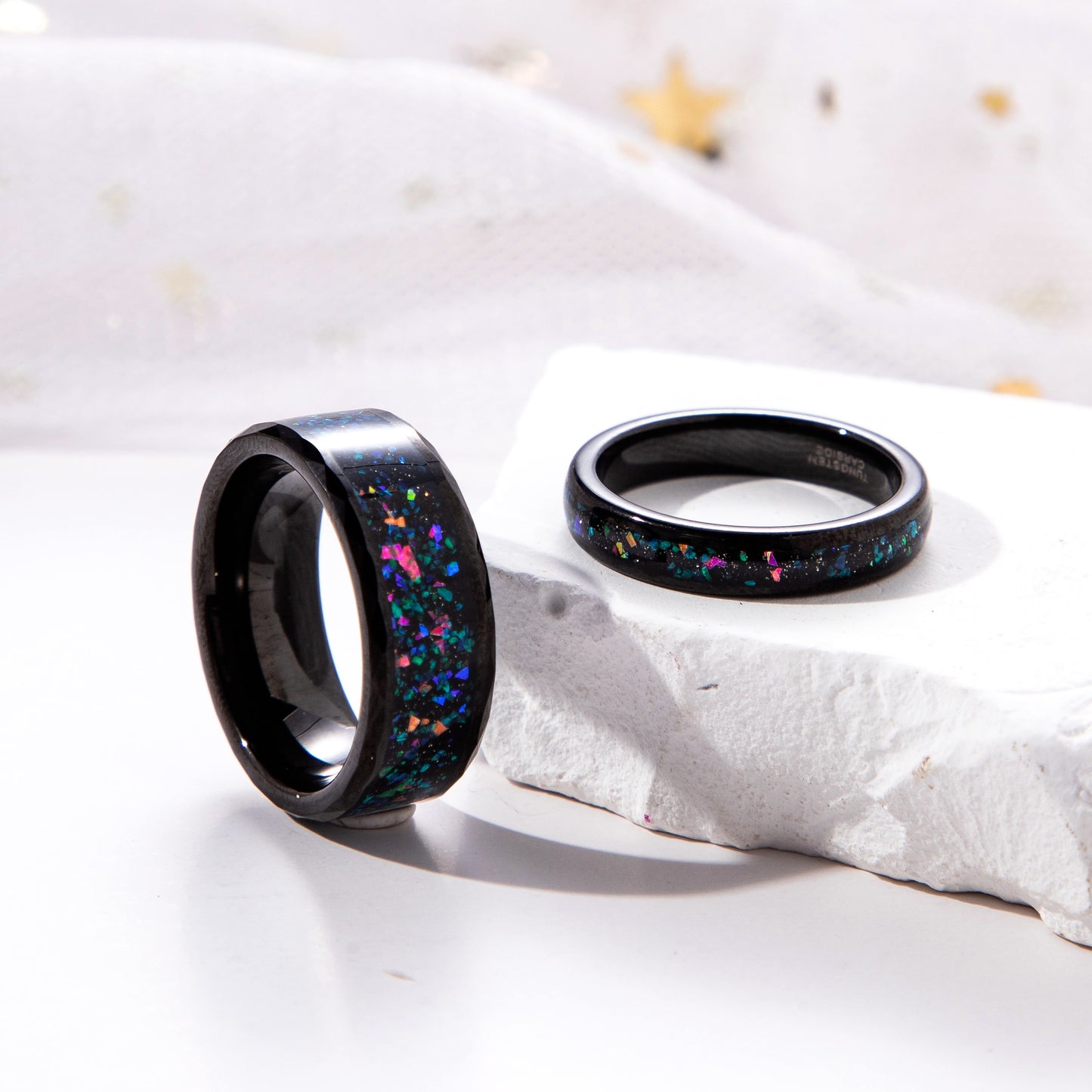 Galaxy Orion Nebula Sand Stone & Opal Couple Ring Set