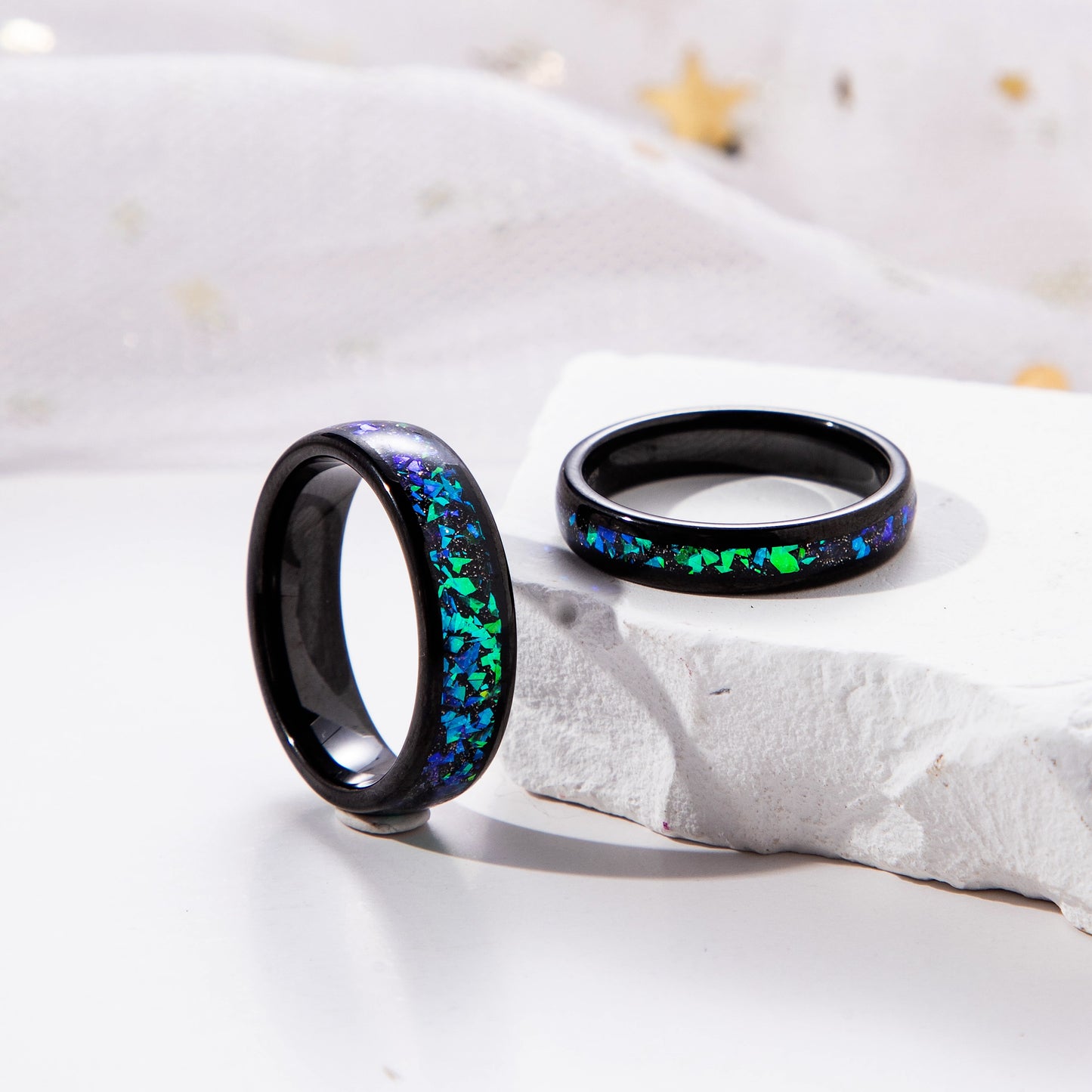 Black Sandstone & Crushed Opal Meteorite Tungsten Ring for Men