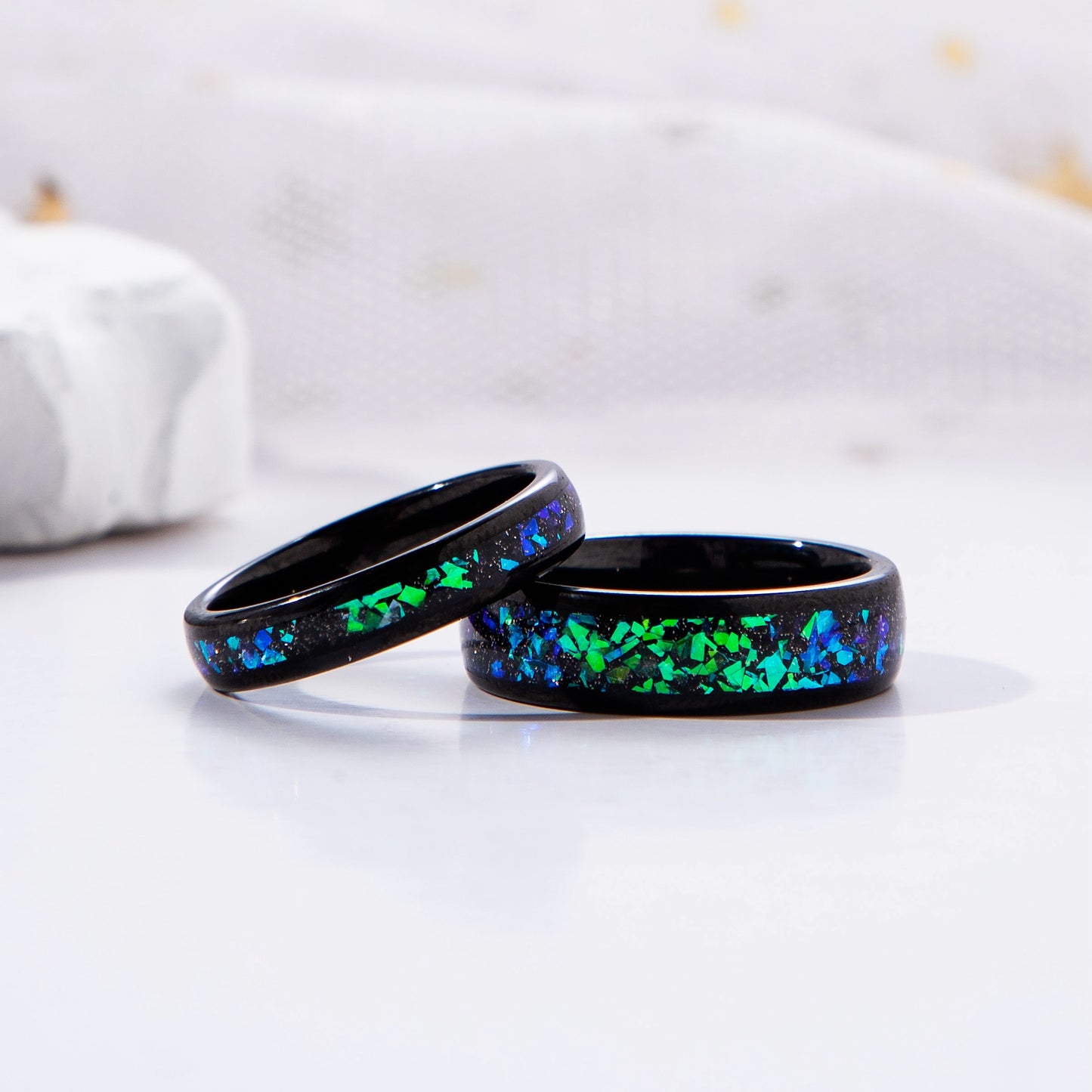 Black Sandstone & Crushed Opal Meteorite Tungsten Ring for Men