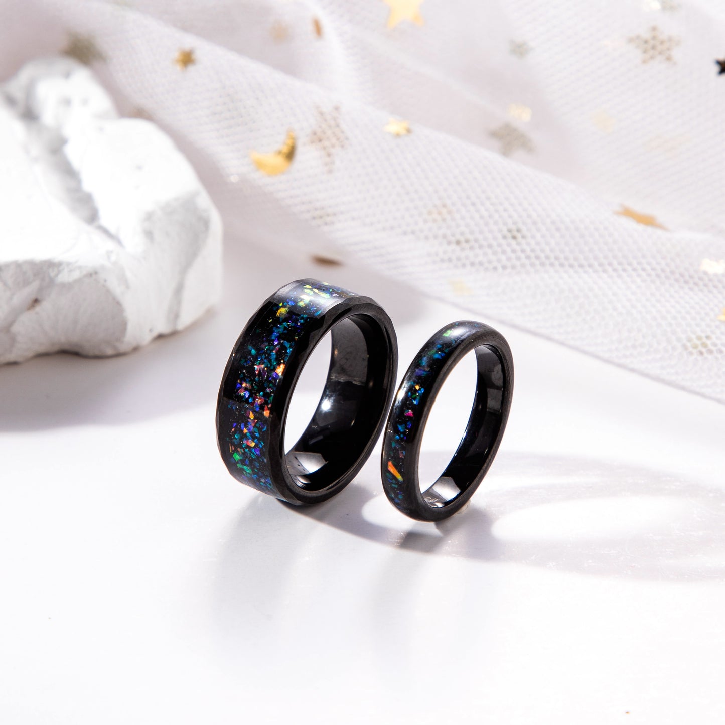 Galaxy Orion Nebula Sand Stone & Opal Couple Ring Set