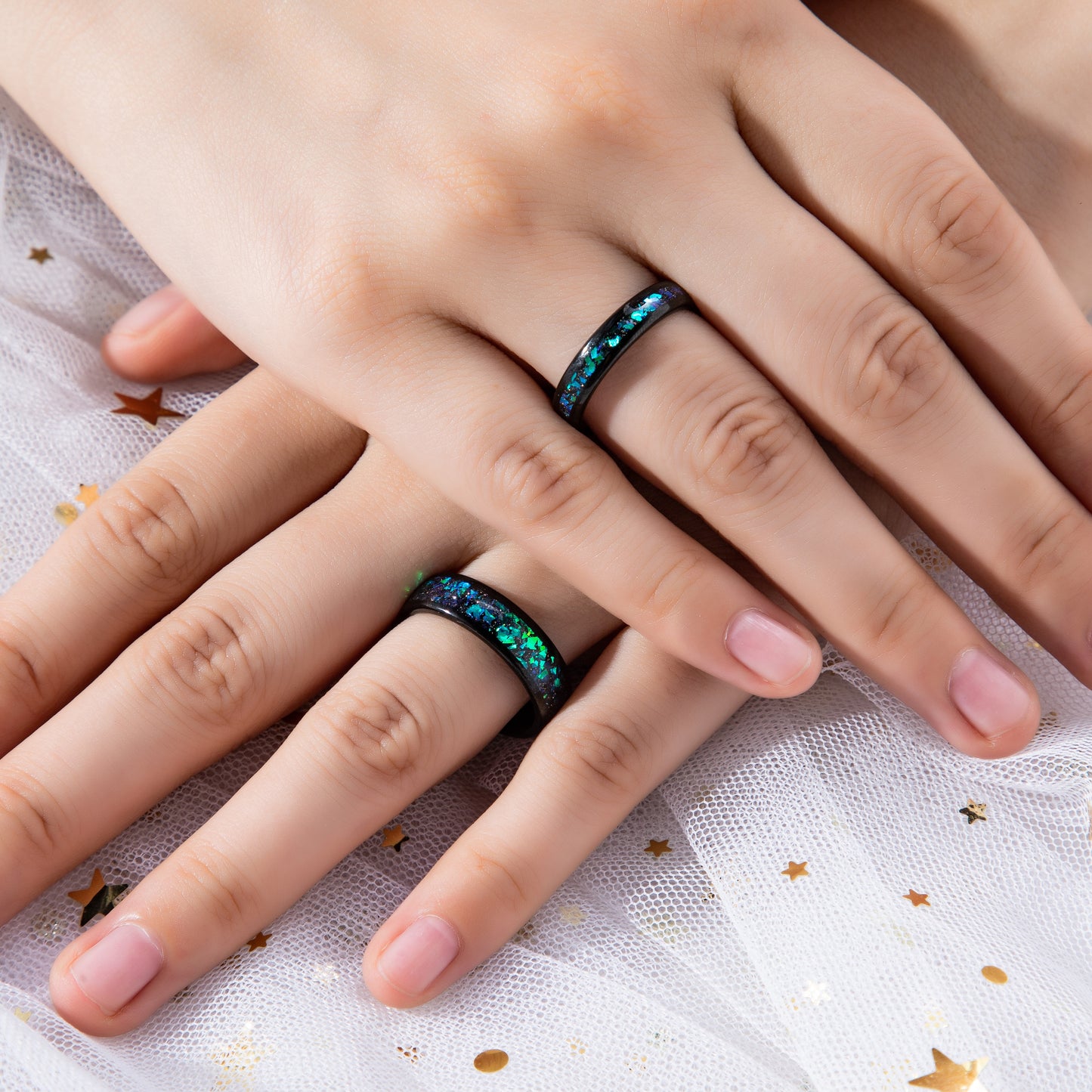 Black Sandstone & Crushed Opal Meteorite Outer Space Rings for Couples