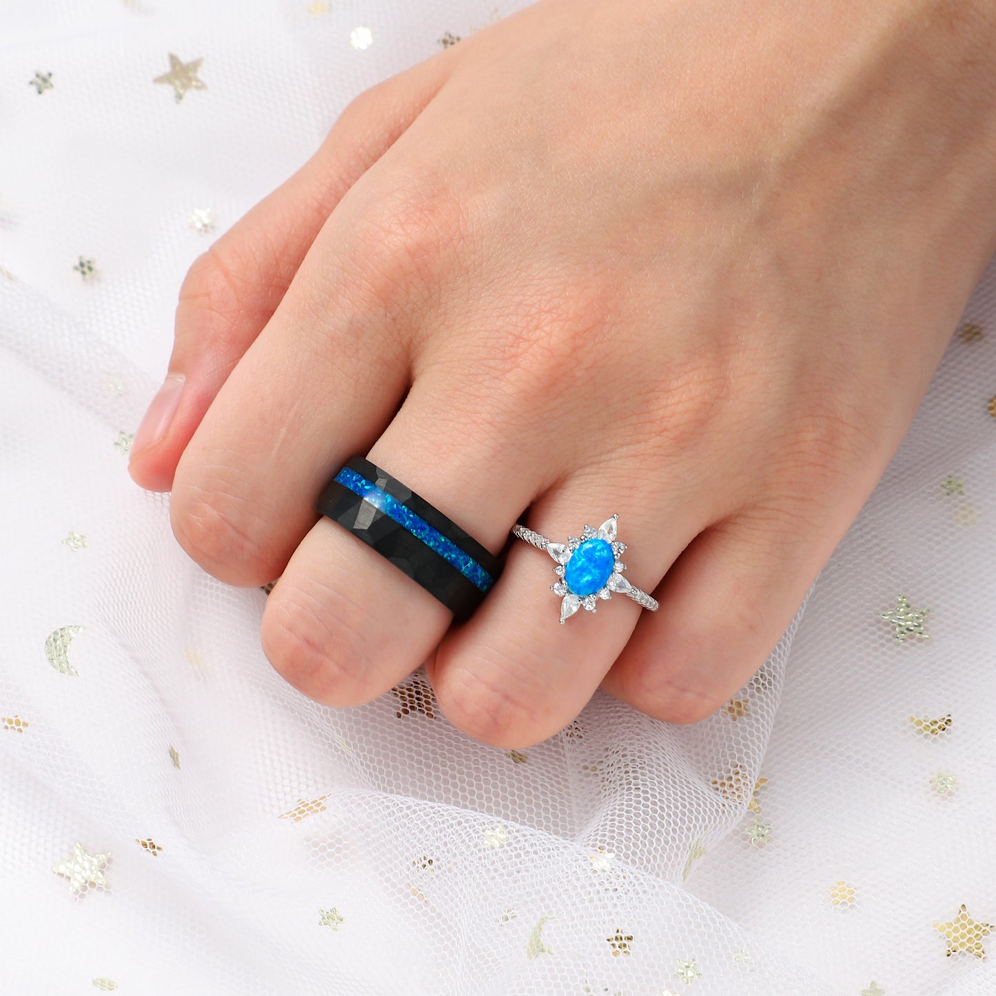 Blue Fire Opal Meteorite Tungsten Ring for Men